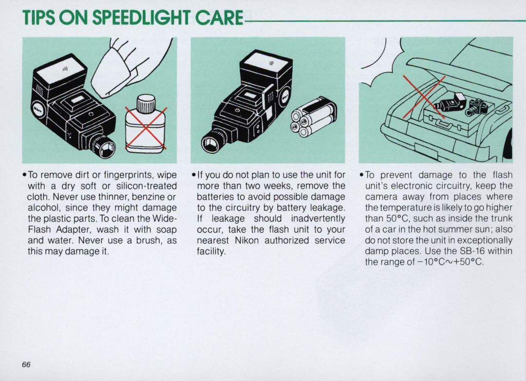 Nikon SB-16 instruction manual Tips on Speedlight Care 