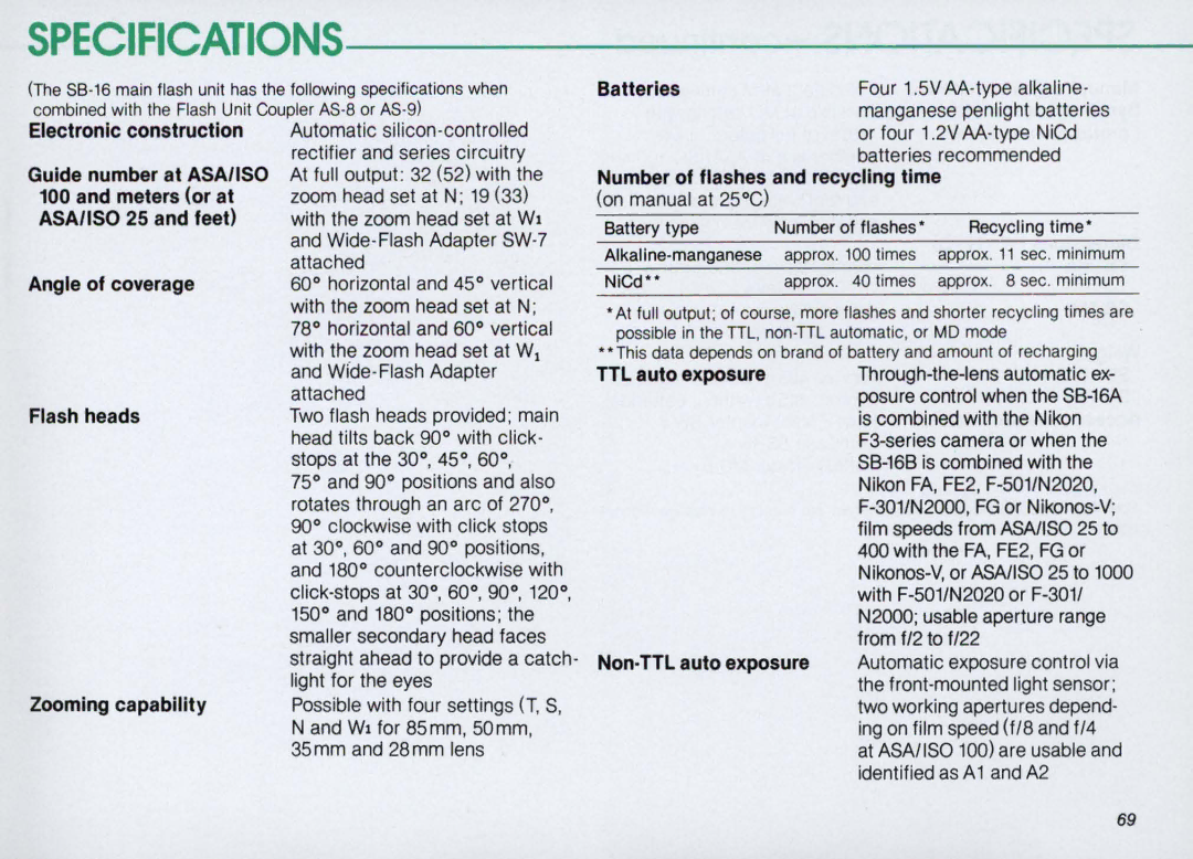 Nikon SB-16 instruction manual Specifications 