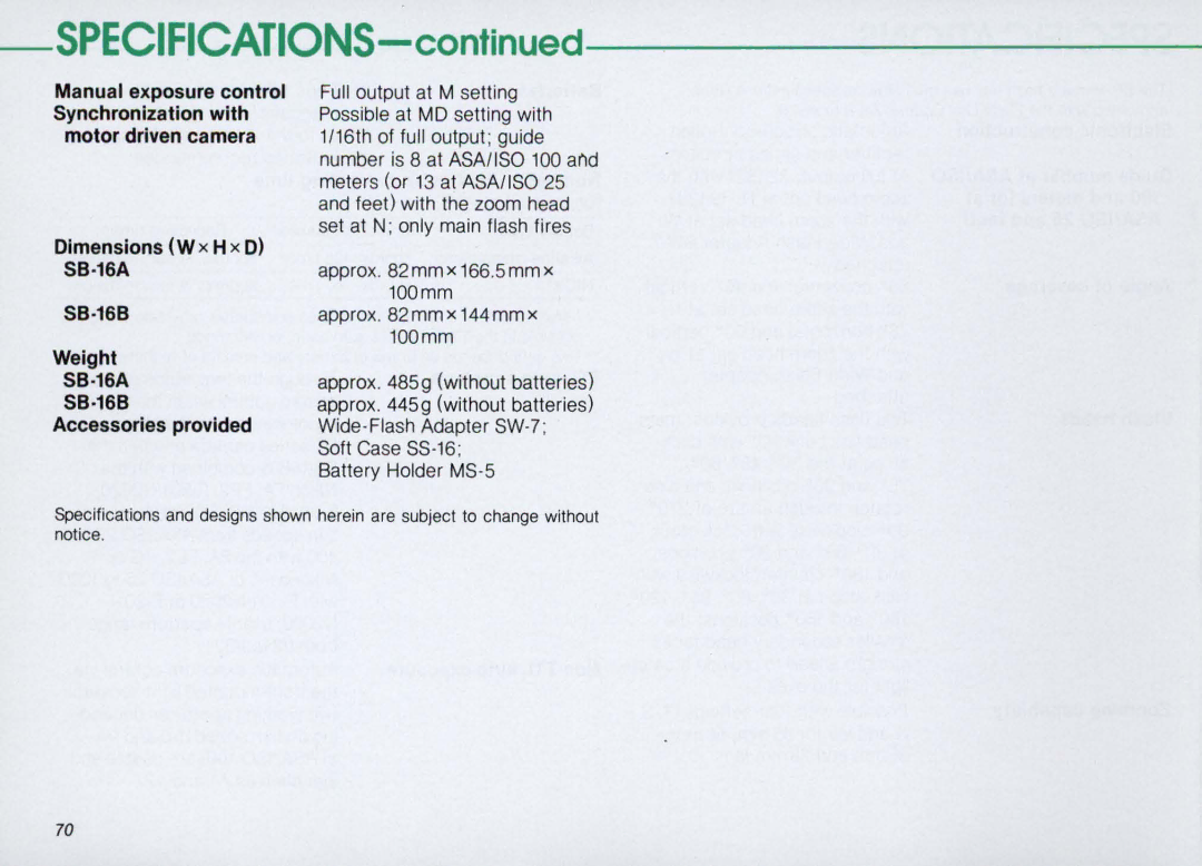 Nikon SB-16 instruction manual SPECIFICATIONS-confinued 