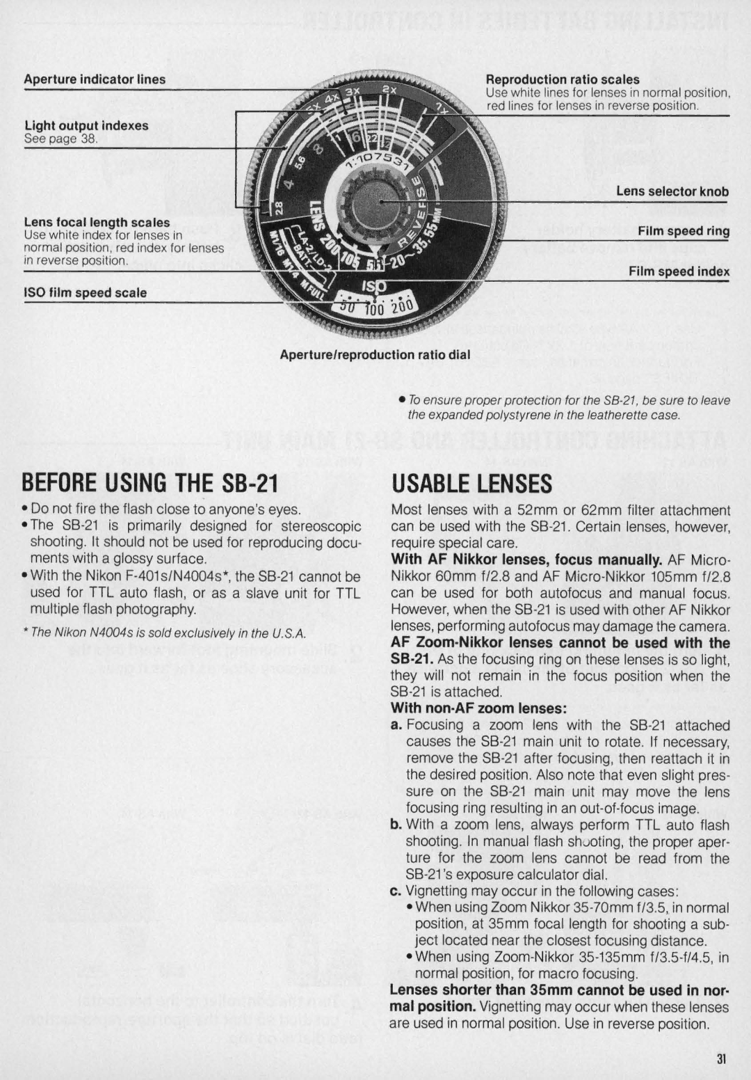 Nikon Before Using the SB-21, Usable Lenses, AF Zoom·Nikkor lenses cannot be used with, With non·AF zoom lenses 