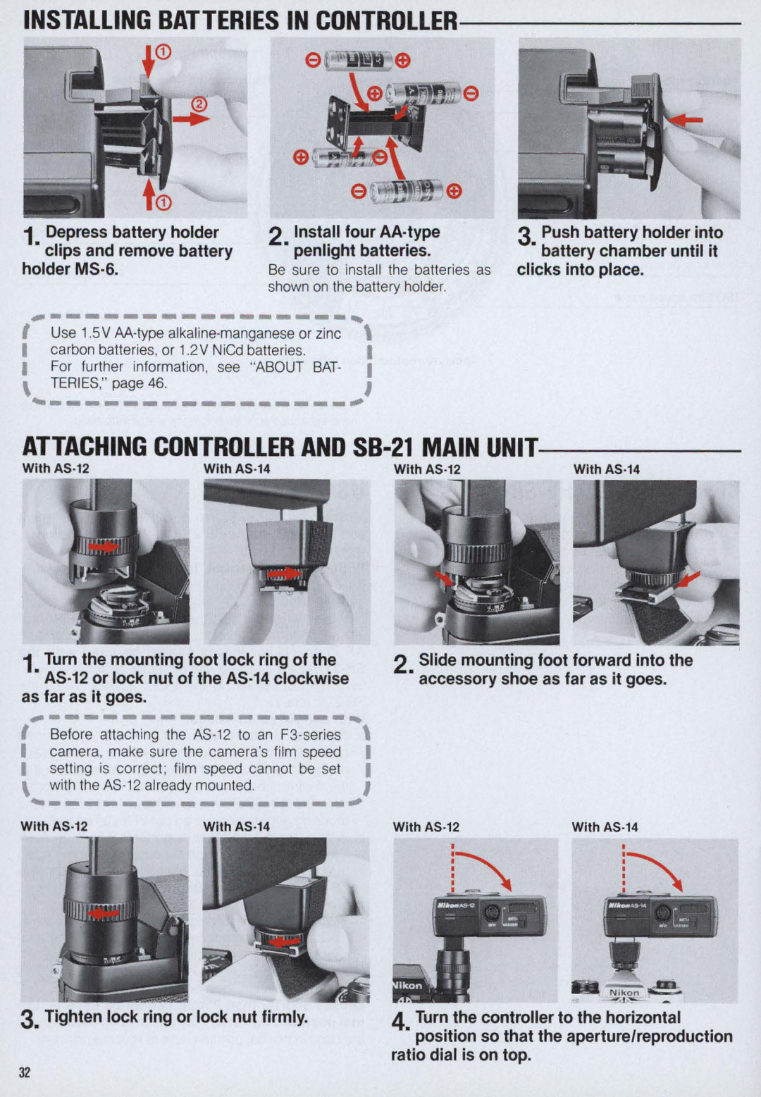 Nikon Installing Batteries in Controller, Attaching Controller and SB-21 Main Unit, With AS·12 With AS·14 