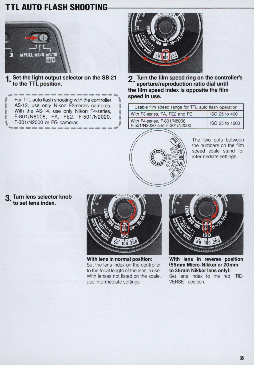 Nikon SB-21 TTL Auto Flash Shooting, Set lens index to the red RE- Verse position, 400, With F4·series, F-801 /N8008 