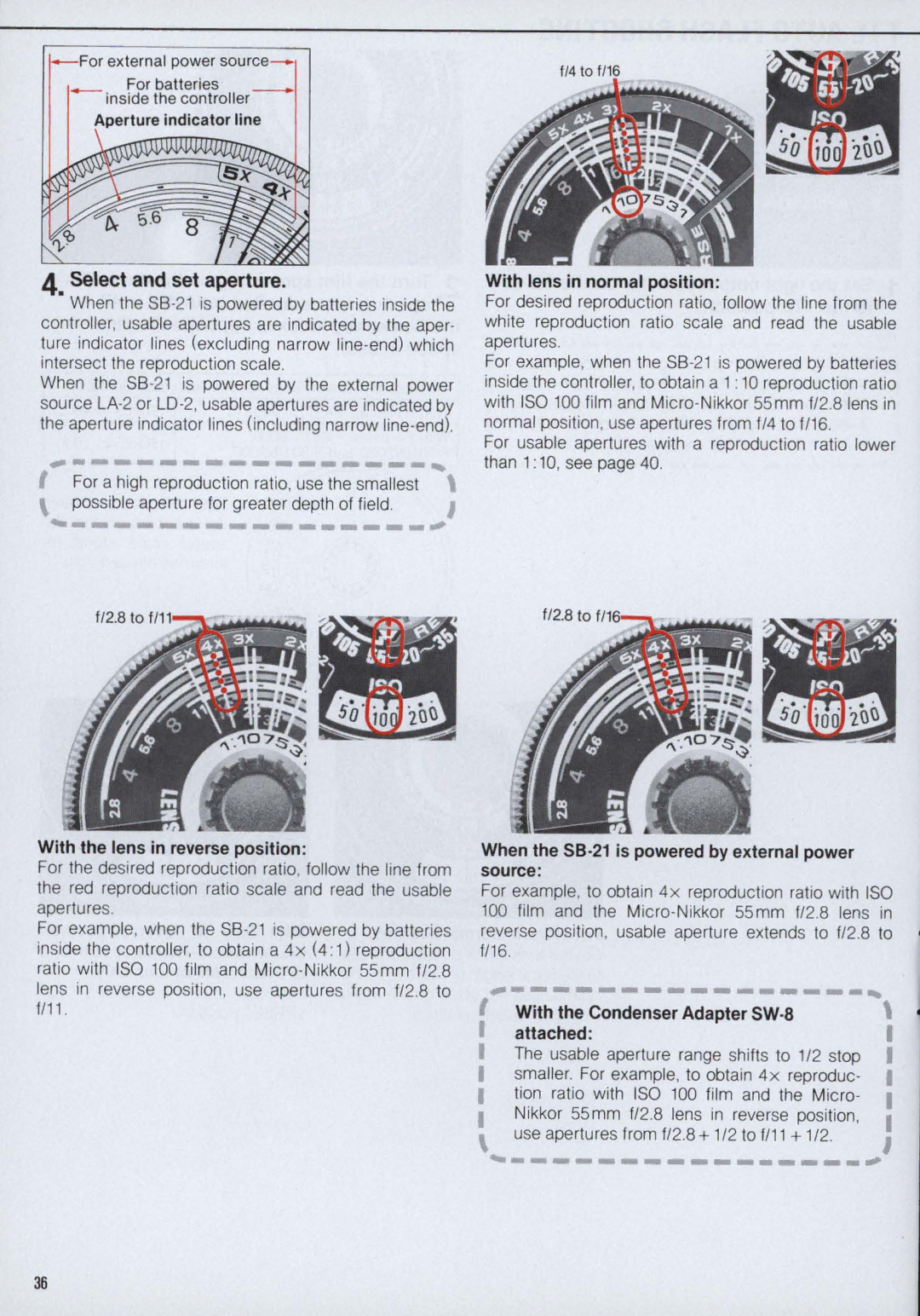 Nikon SB-21 instruction manual Select and set aperture, For external power source For batteries, Inside the controller 