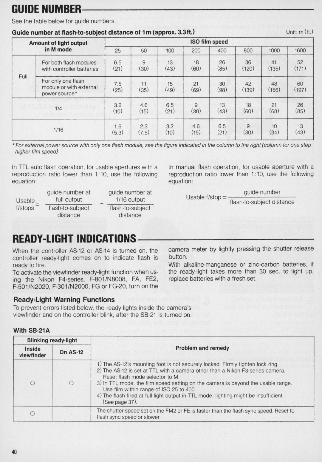 Nikon Guide number at flash-to-subject distance of 1m approx .3ft, Ready-Light Warning Functions, With SB-21A 