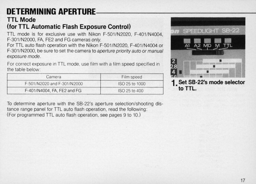 Nikon SB-22 instruction manual Determining Aperture, TTL Mode For TTL Automatic Flash Exposure Control 