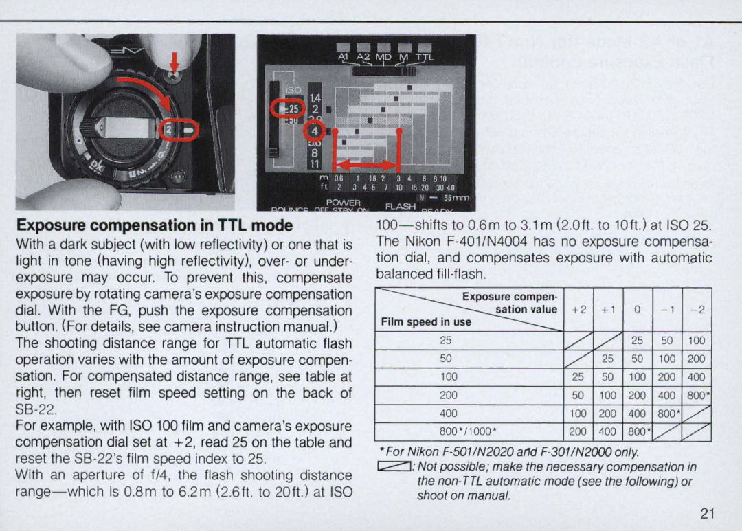 Nikon SB-22 instruction manual Exposure compensation in TTL mode 