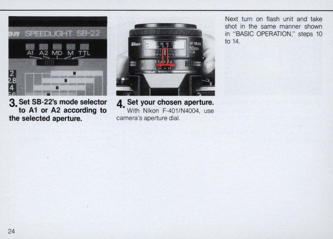 Nikon SB-22 instruction manual Set 58 ·22s mode selector to A1 or A2 according to 