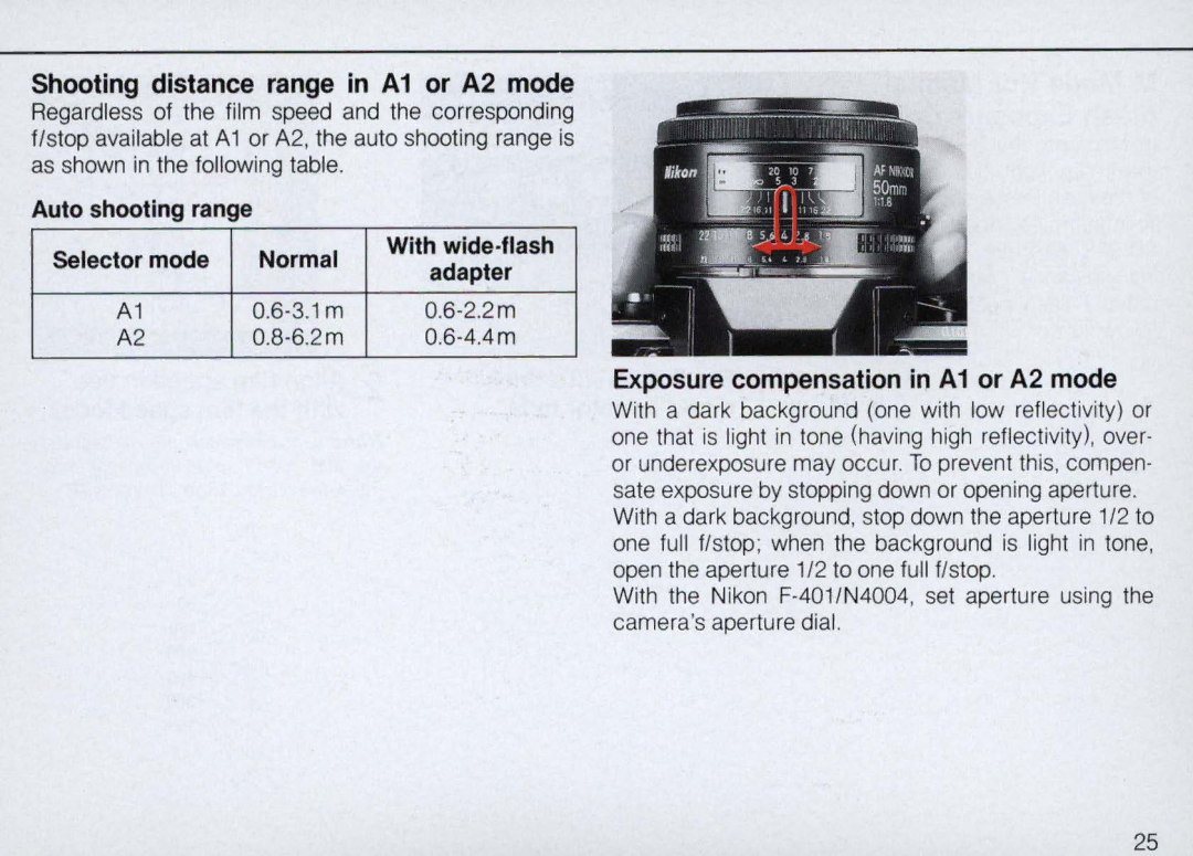 Nikon SB-22 instruction manual Shooting distance range in A1 or A2 mode 