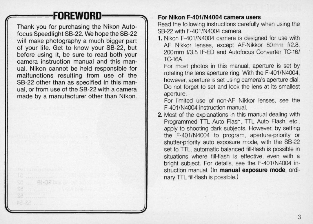 Nikon SB-22 instruction manual ~==Forewordi====, For Nikon F-401/N4004 camera users 