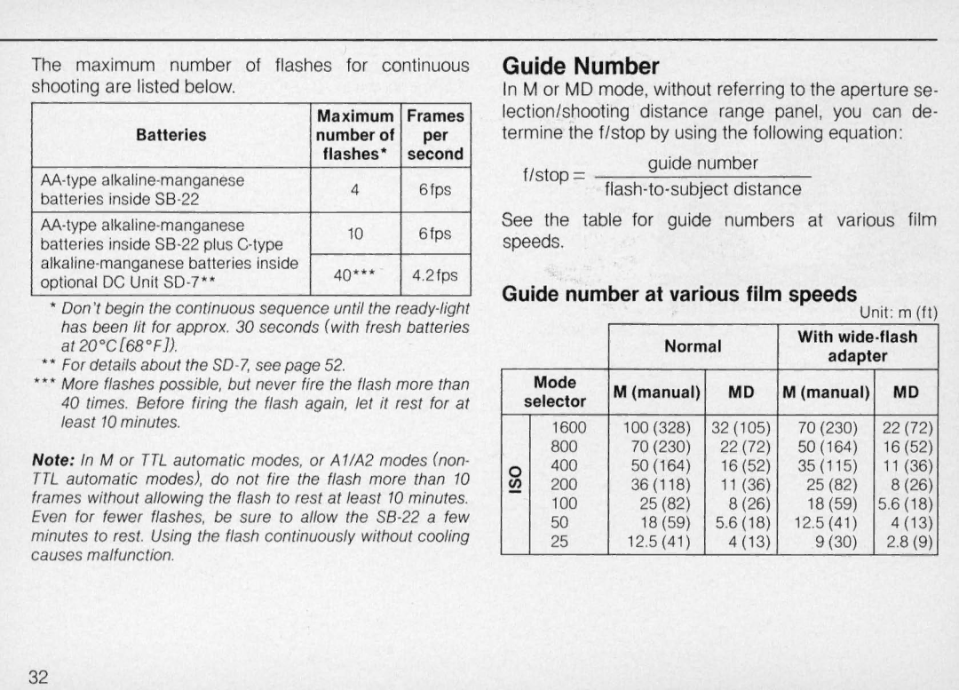 Nikon SB-22 instruction manual Guide Number, Guide number at various film speeds 