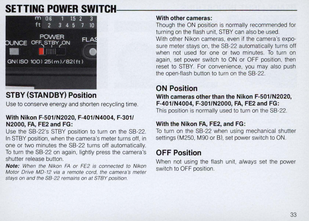 Nikon SB-22 instruction manual Stby Standby Position, On Position, OFF Position 