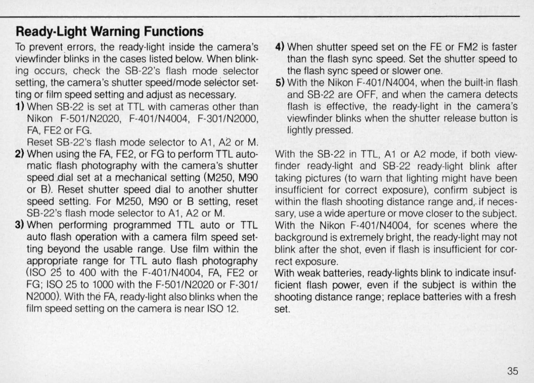 Nikon SB-22 instruction manual Ready-Ught Warning Functions 