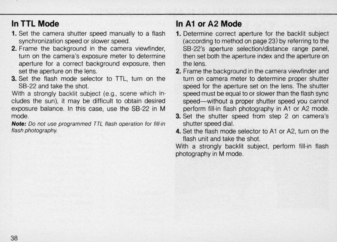 Nikon SB-22 instruction manual TTL Mode, A1 or A2 Mode 