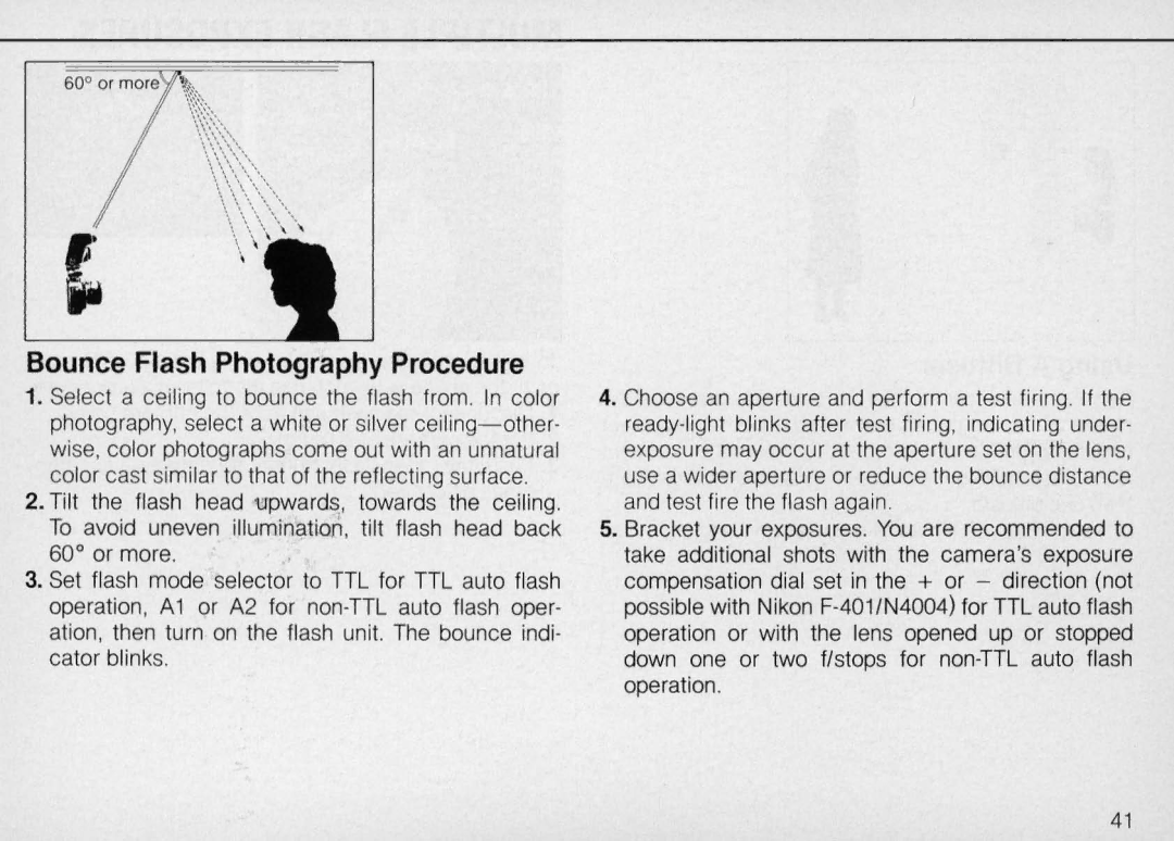 Nikon SB-22 instruction manual Bounce Flash Photography Procedure 