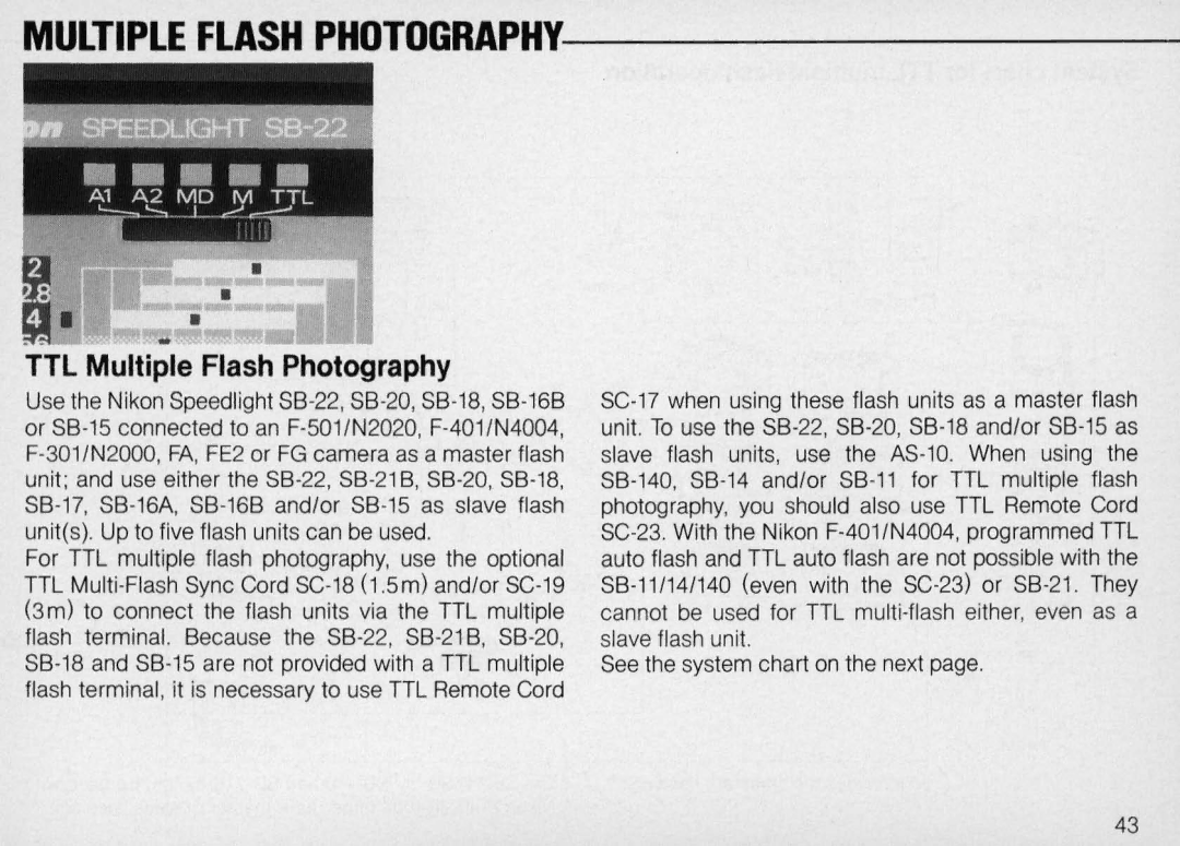 Nikon SB-22 instruction manual TTL Multiple Flash Photography 