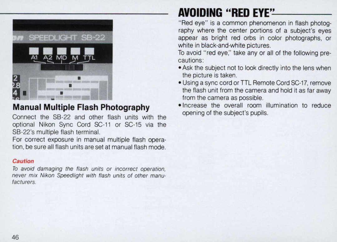 Nikon SB-22 instruction manual Avoiding RED EYE, Manual Multiple Flash Photography 