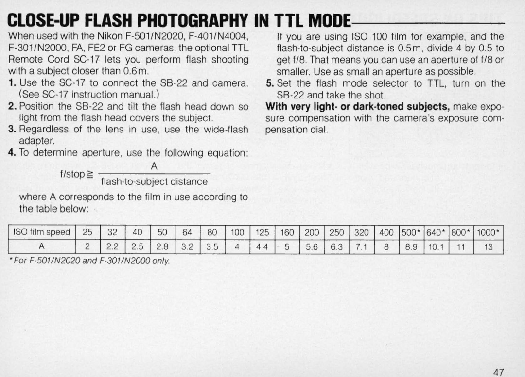 Nikon SB-22 instruction manual CLOSE-UP Flash Photography in TTL Mode 