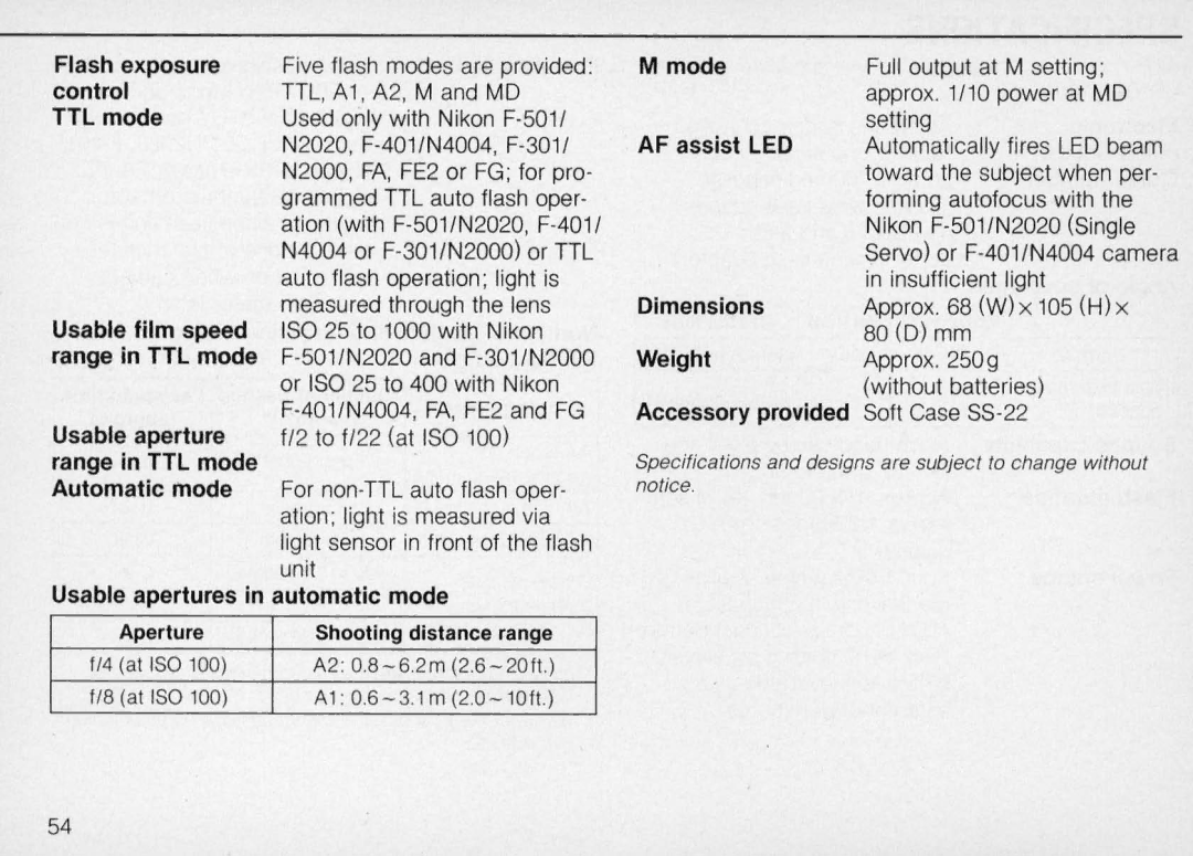 Nikon SB-22 Flash exposure, Mode, Control, TTL mode, AF assist LED, Usable film speed, Dimensions, Weight, Usable aperture 