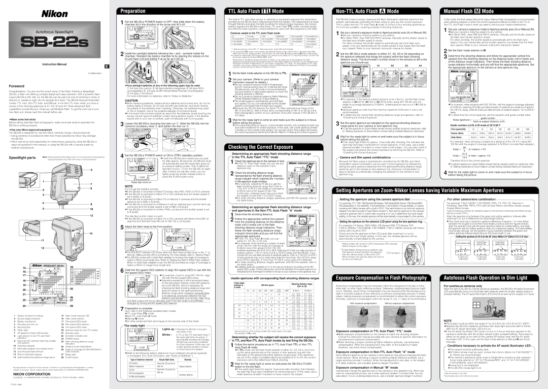 Nikon SB 22 instruction manual Preparation, TTL Auto Flash t Mode, Checking the Correct Exposure Non-TTL Auto Flash ˙ Mode 