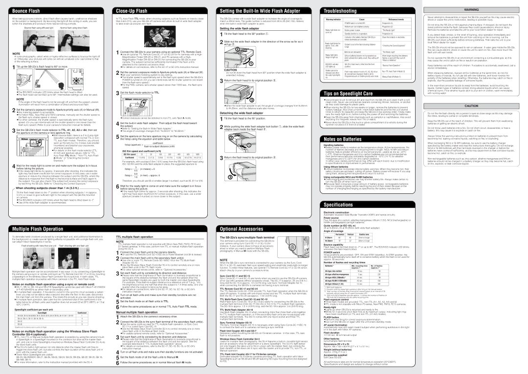 Nikon SB 22 Bounce Flash, Close-Up Flash, Setting the Built-In Wide Flash Adapter, Troubleshooting, Specifications 