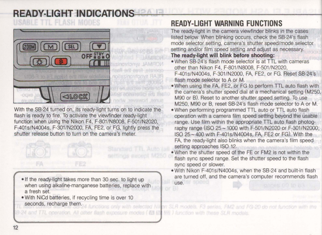 Nikon SB-24 instruction manual READY·L1GHT Warning Functions, Ready-light will blink before shooting 