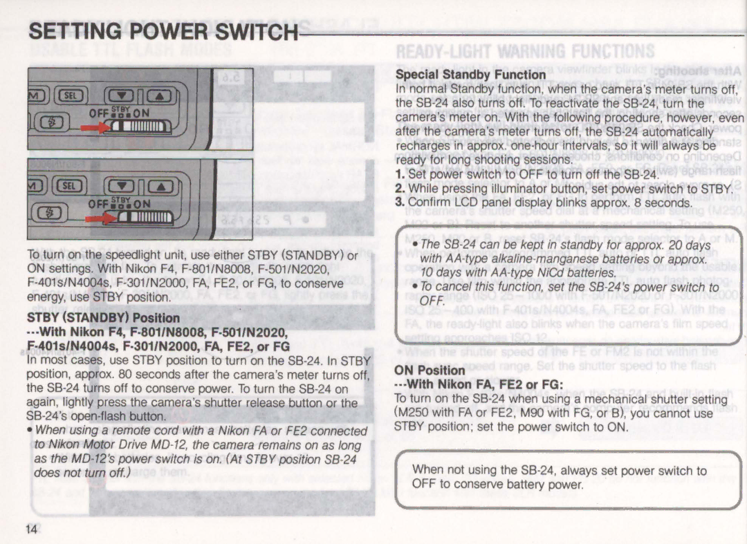 Nikon SB-24 instruction manual Special Standby Function, On Position ···With Nikon FA, FE2 or FG 