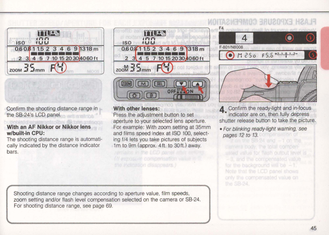 Nikon SB-24 Confirm the shooting distance range in the S8-24s LCD panel, With an AF Nikkor or Nikkor lens w/built·in CPU 