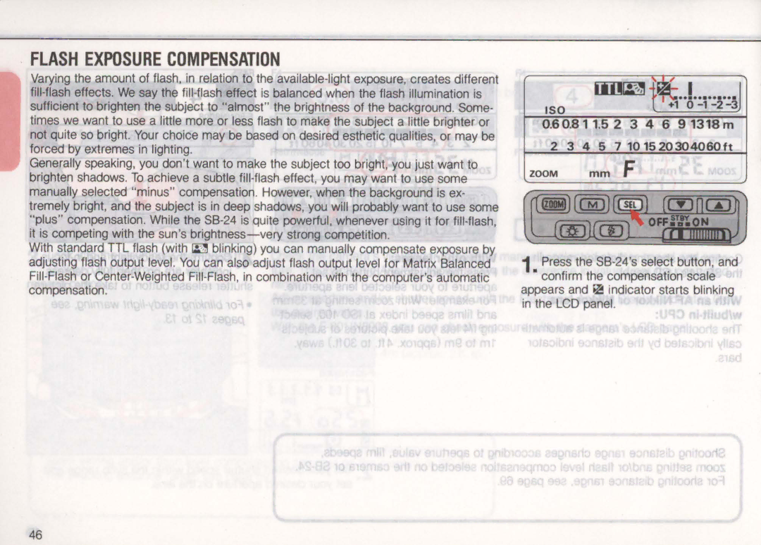 Nikon SB-24 instruction manual Flash Exposure Compensation, 60.811.52 3 4 6 91318m, 4 5 7 1015 20 304060 ft 