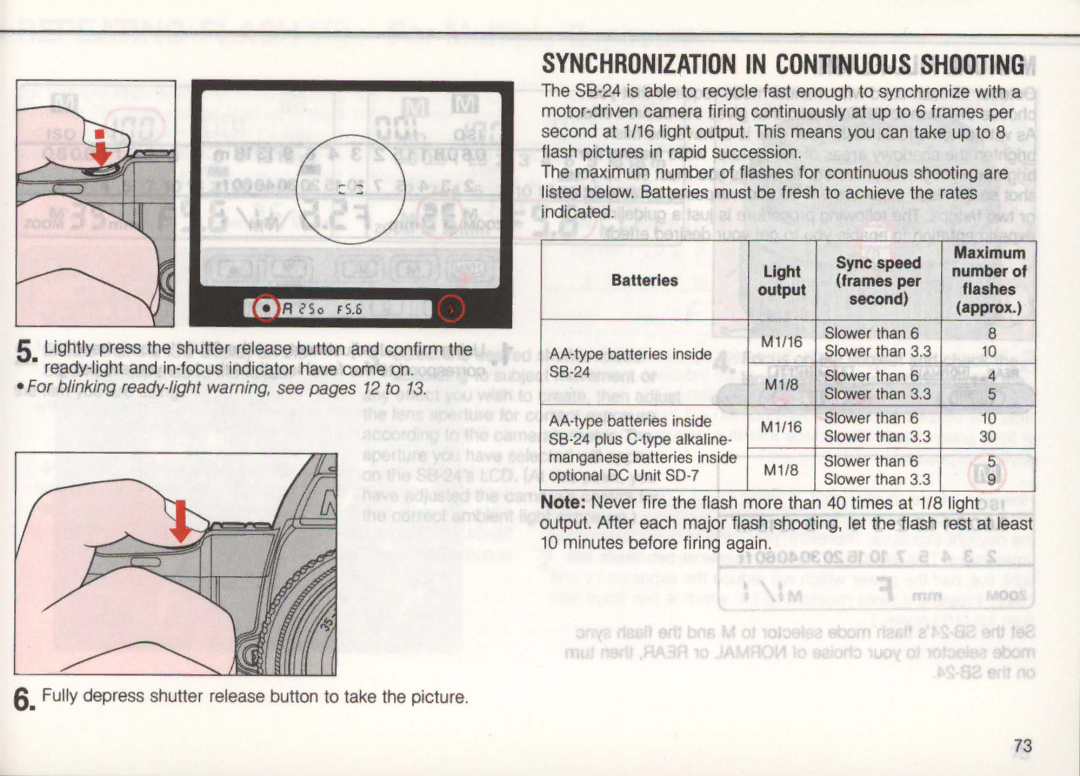 Nikon SB-24 instruction manual Batteries, Fully depress shutter release button to take the picture 