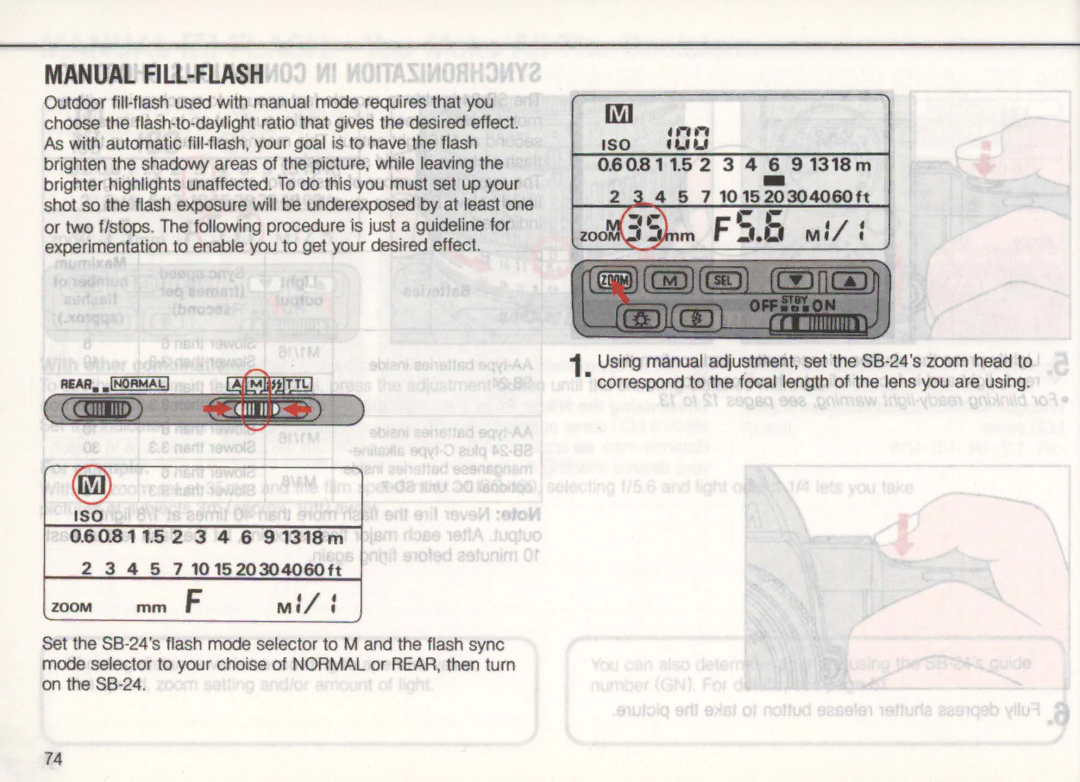 Nikon SB-24 Manual FILL-FLASH, 60.811.52 346 91318m 57101520304060ft, 60.811.52 3 4 6 91318 m, 4 5 7101520304060ft 