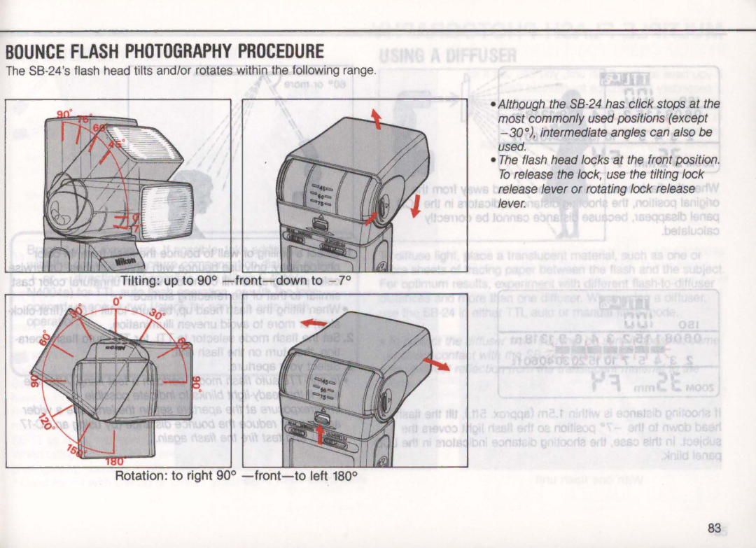 Nikon SB-24 instruction manual Bounce Flash Photography Procedure, Rotation to right 900 -front-to left 