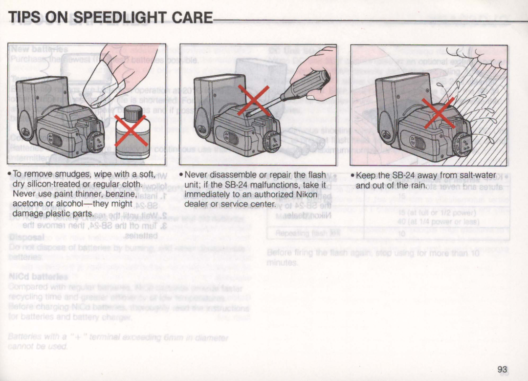 Nikon SB-24 instruction manual Tips on Speedlight Care 