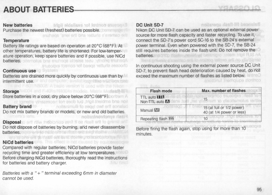 Nikon SB-24 New batteries, Temperature, Continuous use, Storage, DC Unit 50·7, Battery brand, Disposal, NiCd batteries 