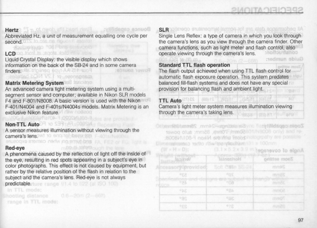 Nikon SB-24 instruction manual Hertz, Matrix Metering System, Non-TTL Auto, Red-eye, Standard TTL flash operation 