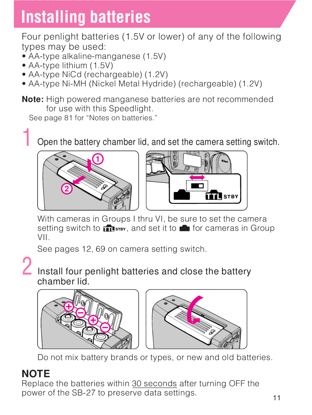 Nikon SB-27 instruction manual Installing batteries 