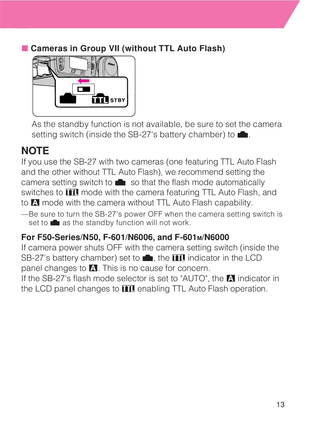 Nikon SB-27 Cameras in Group VII without TTL Auto Flash, For F50-Series/N50, F-601/N6006, and F-601M/N6000 