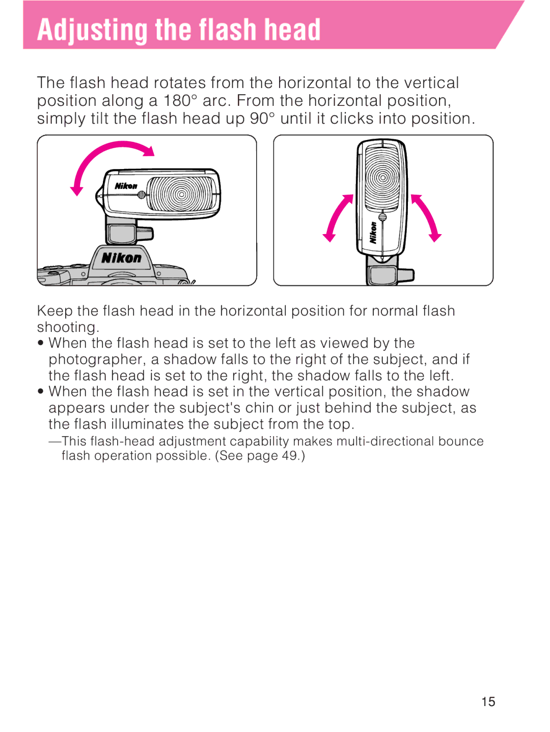 Nikon SB-27 instruction manual Adjusting the flash head 