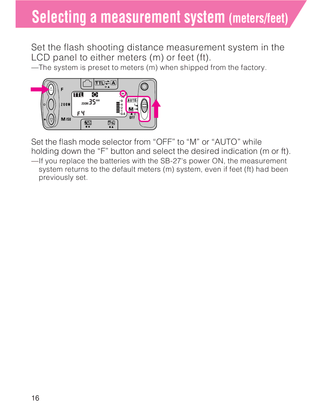 Nikon SB-27 instruction manual Selecting a measurement system meters/feet 