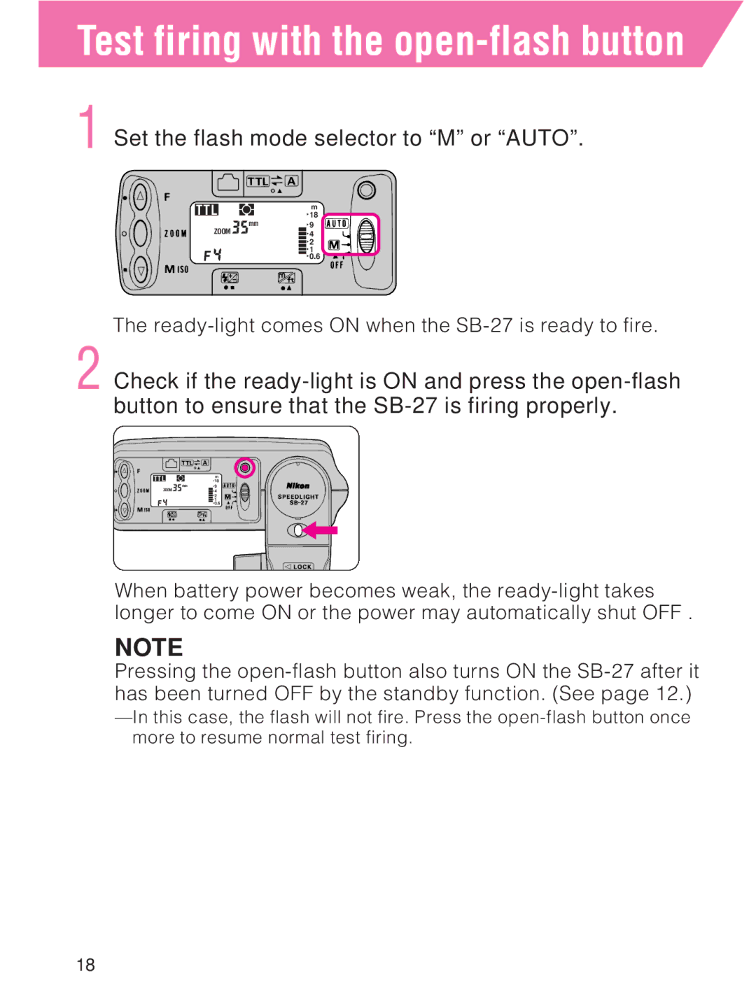 Nikon instruction manual Test firing with the open-flash button, Ready-light comes on when the SB-27 is ready to fire 