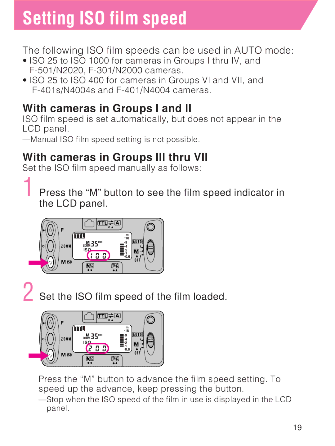 Nikon SB-27 Setting ISO film speed, With cameras in Groups III thru, Set the ISO film speed manually as follows 