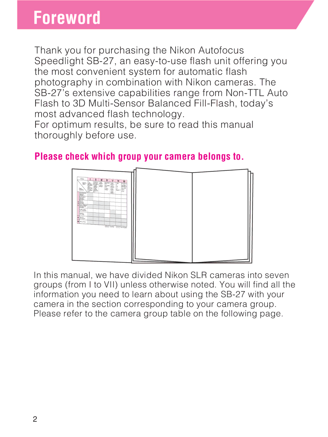 Nikon SB-27 instruction manual Foreword, Please check which group your camera belongs to 