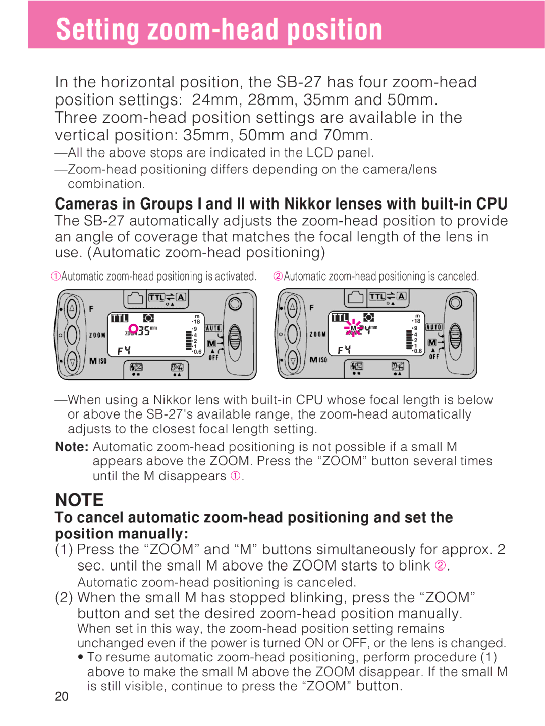 Nikon SB-27 instruction manual Setting zoom-head position 