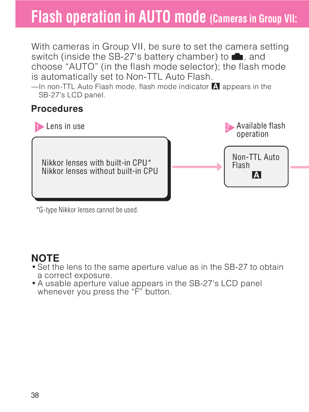 Nikon SB-27 instruction manual Flash operation in Auto mode Cameras in Group, Non-TTL Auto Flash 