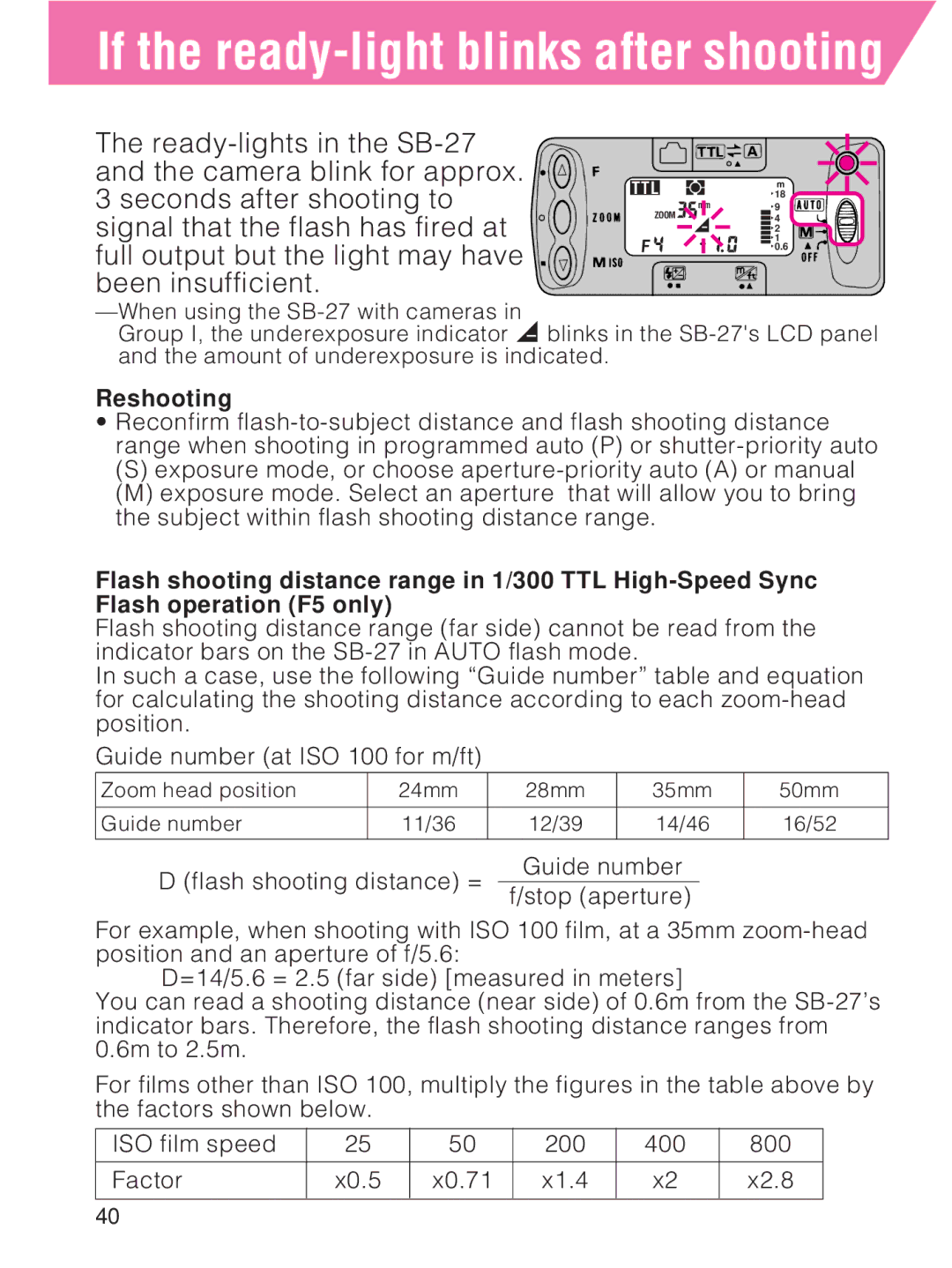 Nikon SB-27 instruction manual If the ready-light blinks after shooting 