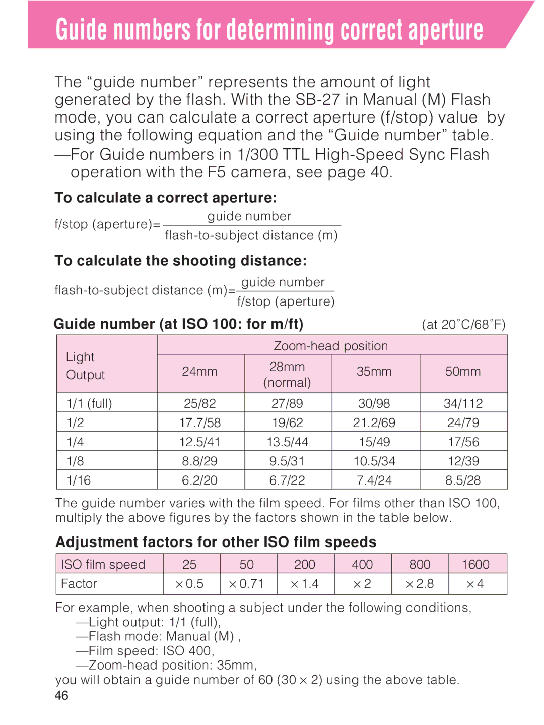 Nikon SB-27 To calculate a correct aperture, To calculate the shooting distance, Guide number at ISO 100 for m/ft 