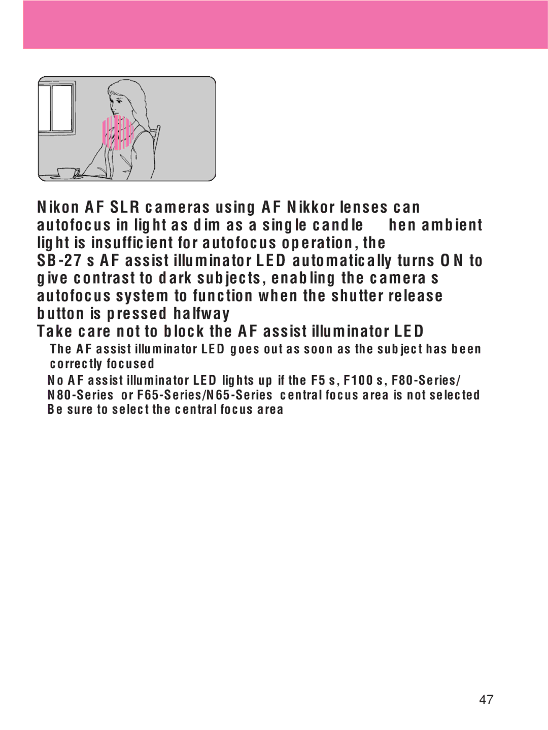 Nikon SB-27 instruction manual Autofocus flash operation in dim light 