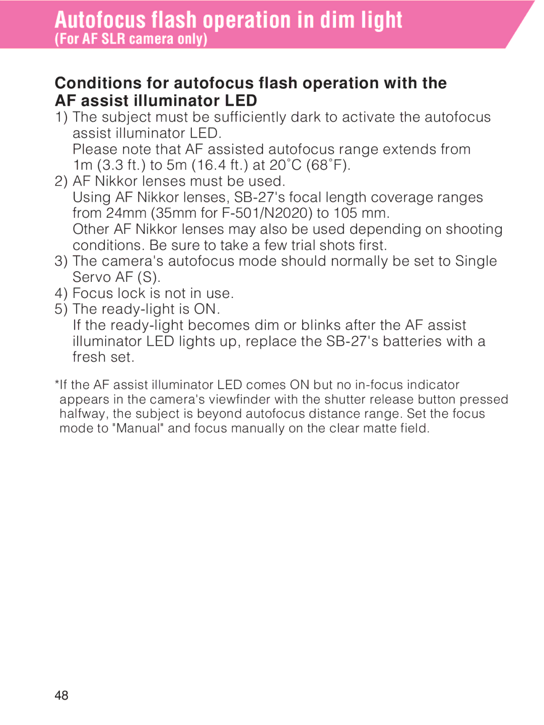 Nikon SB-27 instruction manual Autofocus flash operation in dim light 