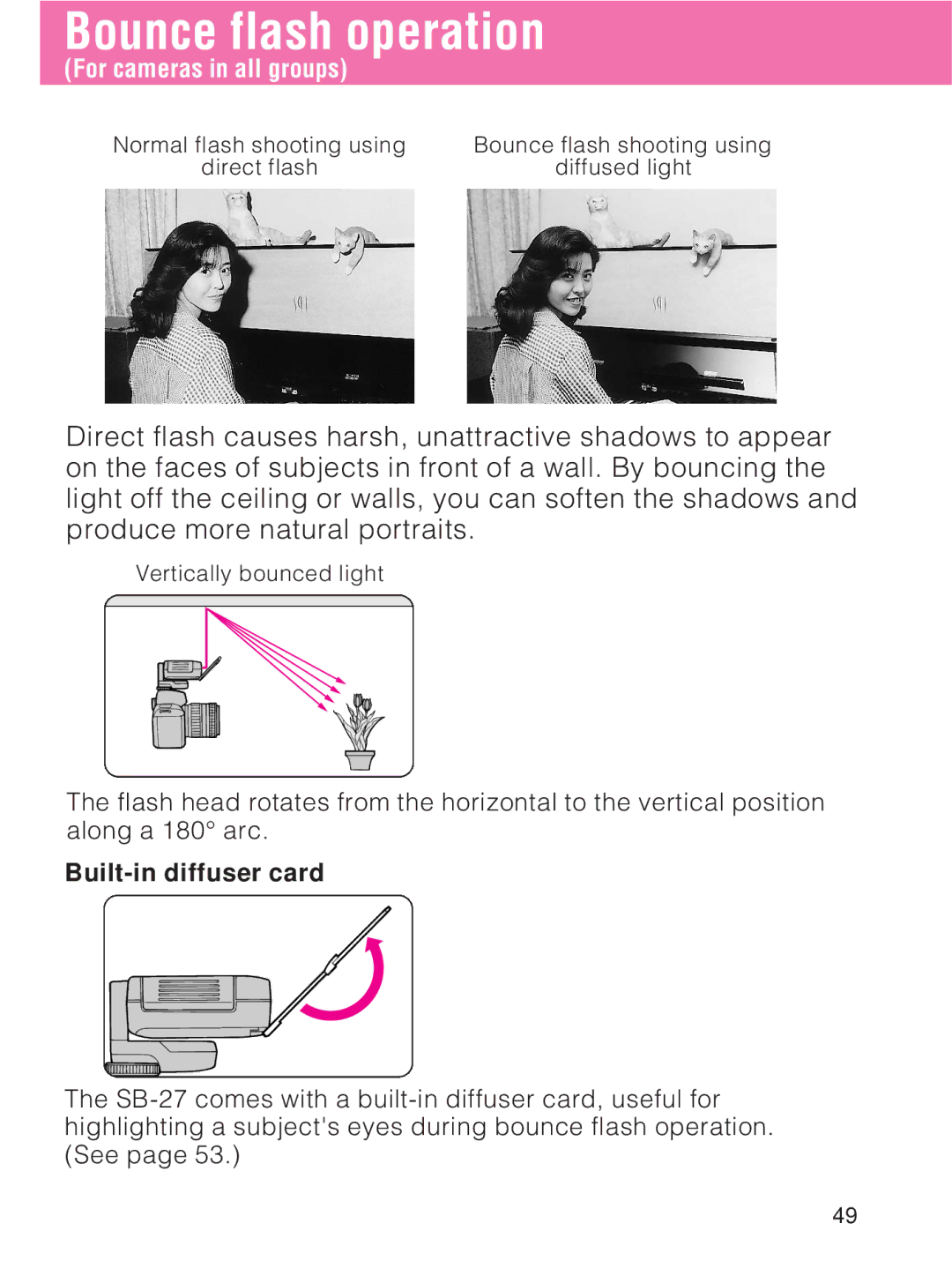 Nikon SB-27 instruction manual Bounce flash operation, Built-in diffuser card 