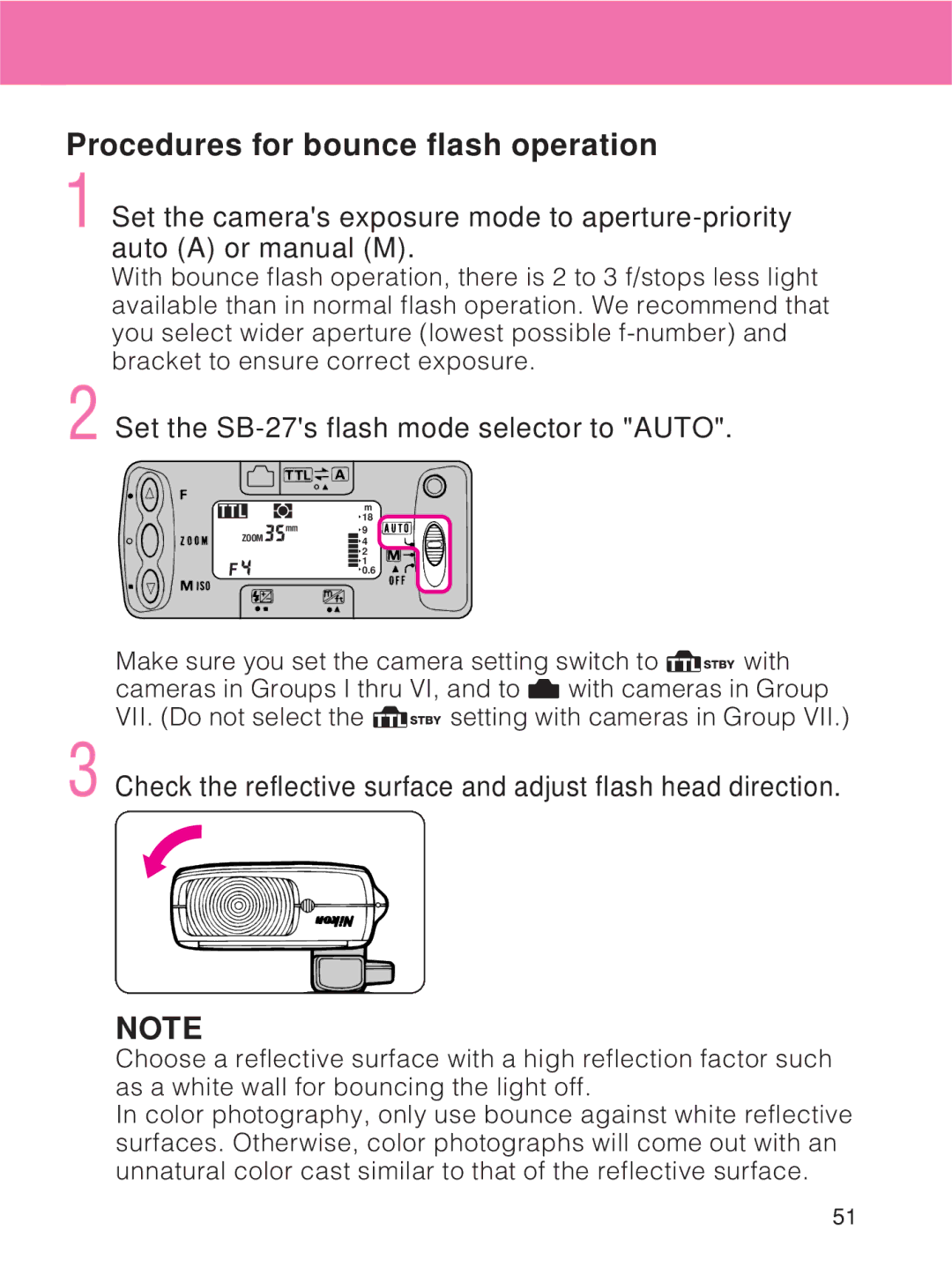 Nikon instruction manual Procedures for bounce flash operation, Set the SB-27s flash mode selector to Auto 