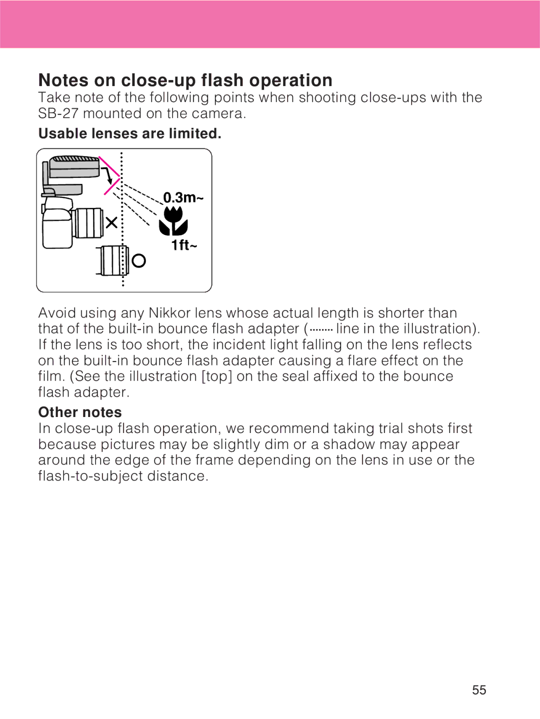 Nikon SB-27 instruction manual Usable lenses are limited, Other notes 